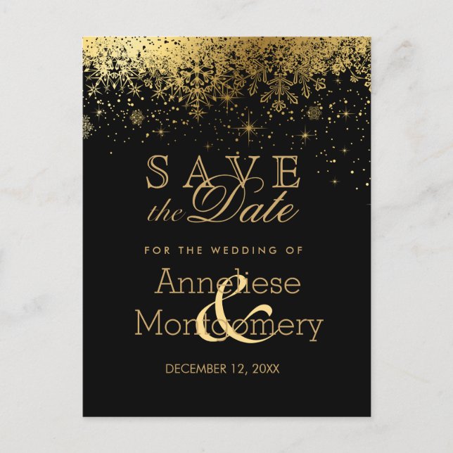 Carte Postale Faire-part Enregistrer la date Stylish Black and Gold Snowfla (Devant)