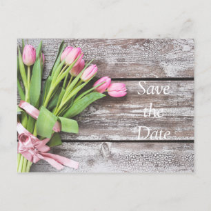 Carte Postale Faire-part Enregistrer la date : Tulipes roses et bois
