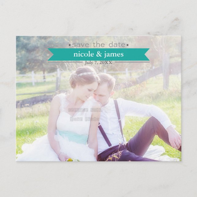 Carte Postale Faire-part ENREGISTRER LA DATE Turquoise Typographie Photo Ca (Devant)