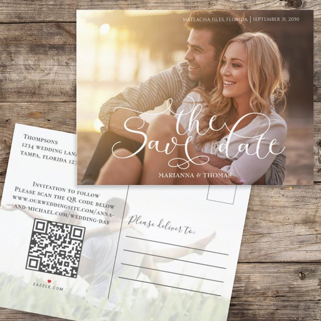Carte Postale Faire-part Enregistrer la photo de la date élégante code QR S (Créateur téléchargé)