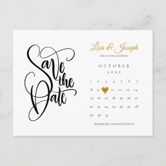 Carte Postale Faire-part Enregistrer le code QR Gold Heart Date Calendar (Devant)