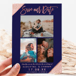 Carte Postale Faire-part Enregistrer notre date rose or marine photo grille<br><div class="desc">Enregistrer notre typographie de date 3 photo grille collage avec parties scintillant d'or rose moderne rayures géométriques avec bleu marine.</div>