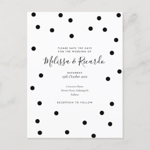 Carte Postale Faire-part Enregistrez la date à pois élégant noir et blanc 
