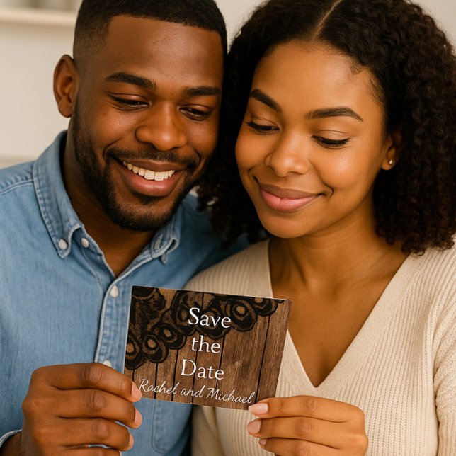 Carte Postale Faire-part Enregistrez la date Faux cuir noir et bois (Créateur téléchargé)