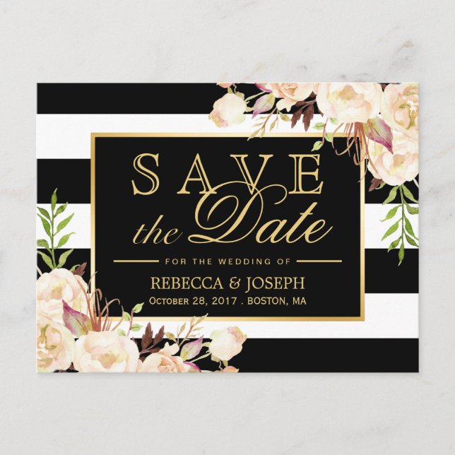 Carte Postale Faire-part Enregistrez la date - Nuances de fleurs rayées d'i (Devant)