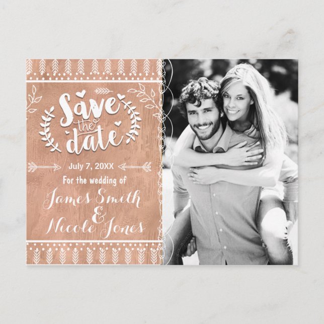 Carte Postale Faire-part Enregistrez la date Rustique Glam Rose Gold Photo (Devant)