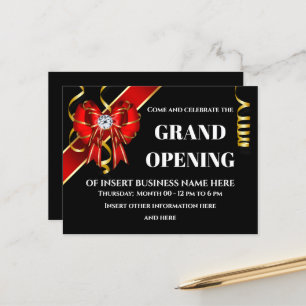 Carte Postale Faire-part Entreprise grand ouverture rouge or noir ruban arc