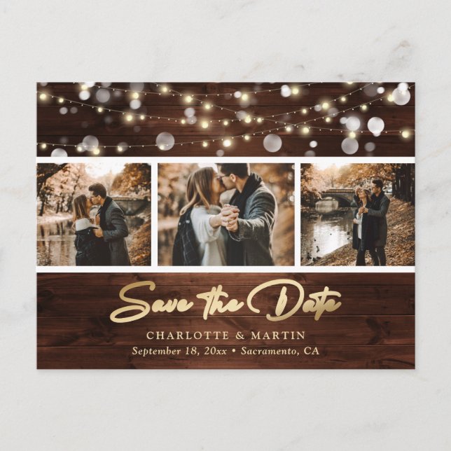 Carte Postale Faire-part Épargne Date de Mariage en Bois avec Feuille d'Or  (Devant)