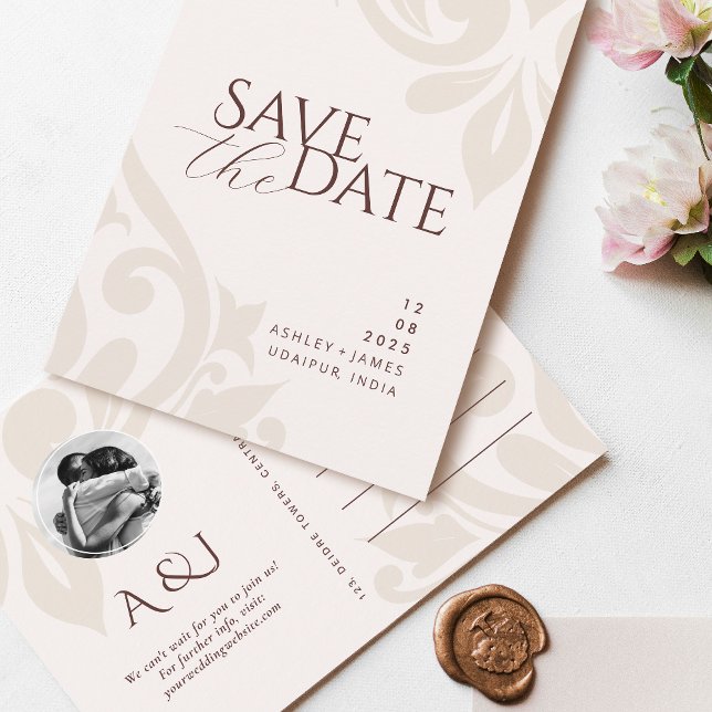 Carte Postale Faire-part Épargne Date Mariage Photo Noyer Rouge Ivoire Anno (Créateur téléchargé)