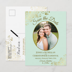 Carte Postale Faire-part Épingle Verte Menthe & Or Mariage Enregistrer la D