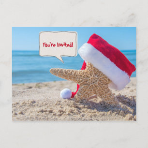 Carte Postale Faire-part Estarfish de Noël avec casquette sur la plage