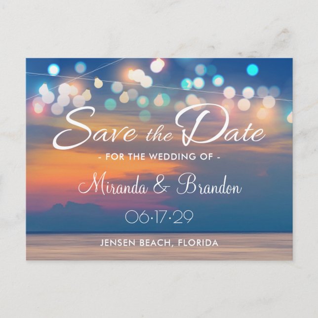 Carte Postale Faire-part Eté moderne Sunset String Lights Beach Wedding (Devant)