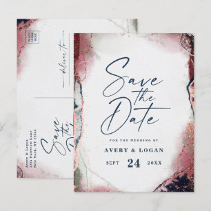 Carte Postale Faire-part Éthérée Burgundy & Navy Mariage Épargnez la Date