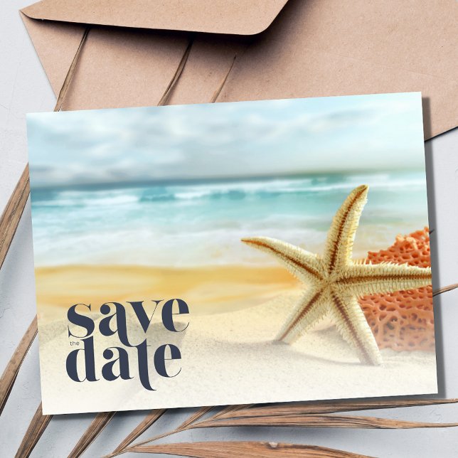 Carte Postale Faire-part Étoile de mer de mariage décontracté sur la plage, (Casual Starfish Beach Wedding Save the Date Postcard)