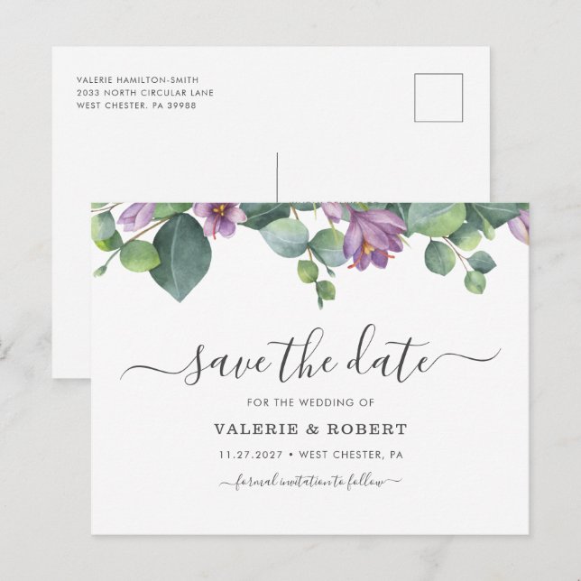 Carte Postale Faire-part Eucalyptus Floral Pourpre Save The Date (Devant / Derrière)