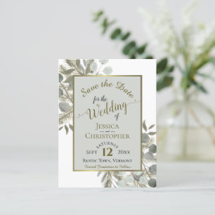Carte Postale Faire-part Eucalyptus & Gold Pine Grey Mariage Enregistrer la