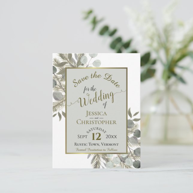 Carte Postale Faire-part Eucalyptus & Gold Pine Grey Mariage Enregistrer la (Debout devant)