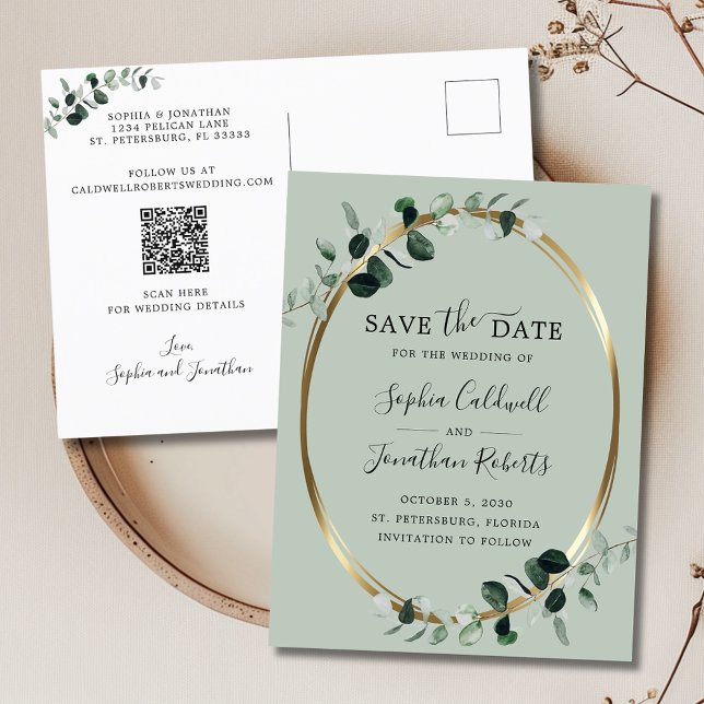 Carte Postale Faire-part Eucalyptus Gold Sage QR Code Enregistrer la date (Updated Eucalyptus Gold Sage Save the Date Announcement Postcard)