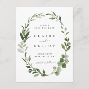 Carte Postale Faire-part Eucalyptus Green Foliage Wreath Enregistrer la dat