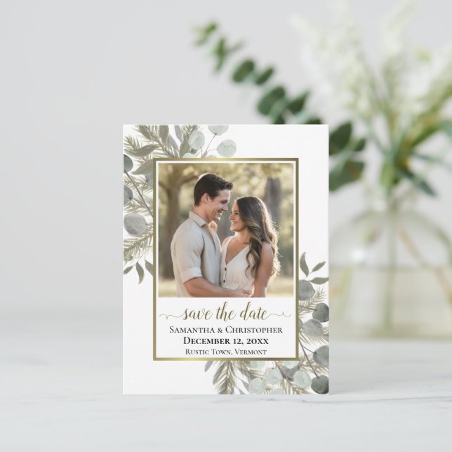 Carte Postale Faire-part Eucalyptus & Mariage de pin Enregistrer la date Ph (Debout devant)
