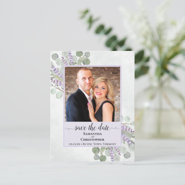 Carte Postale Faire-part Eucalyptus Mariage violet Enregistrer la date Phot (Debout devant)