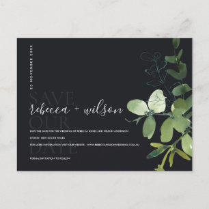 CARTE POSTALE FAIRE-PART EUCALYPTUS NOIR FOLIAGE COULEUR D'EAU SAUVEGARDER