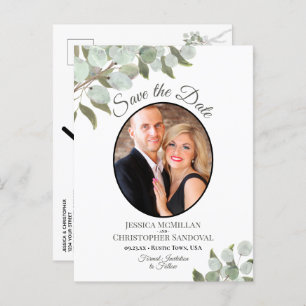 Carte Postale Faire-part Eucalyptus & Photo Mariage blanc Enregistrer la da