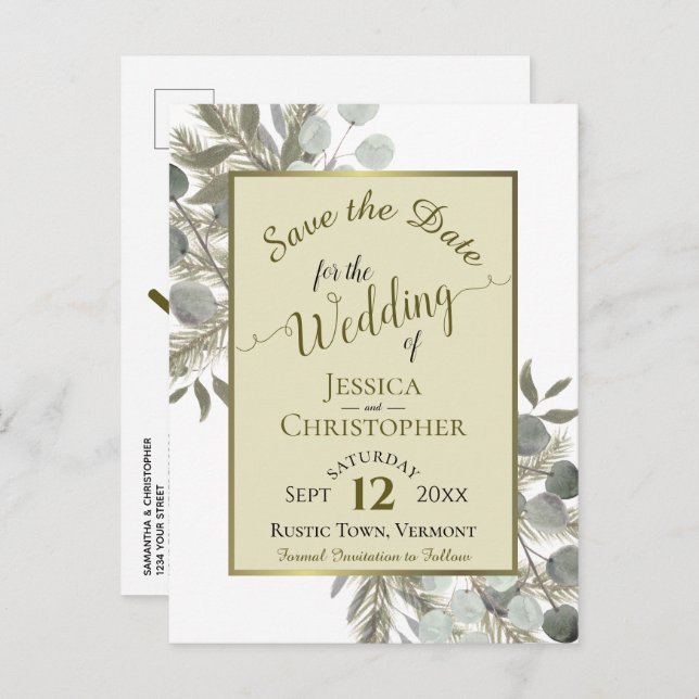 Carte Postale Faire-part Eucalyptus & Pine Boho Gold Wedding Enregistrer la (Devant / Derrière)