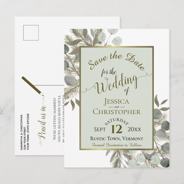 Carte Postale Faire-part Eucalyptus & Pine Sage mariage vert Enregistrer la (Devant / Derrière)