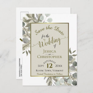 Carte Postale Faire-part Eucalyptus & Pine Taupe Mariage Enregistrer la dat