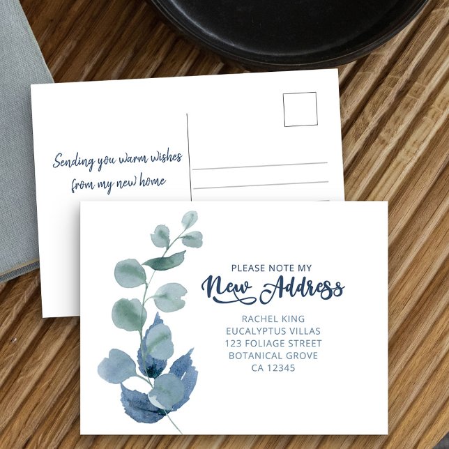 Carte Postale Faire-part Eucalyptus poussiéreux Aquarelle Volage (New Address postcard with dusty blue and green eucalyptus leaves)
