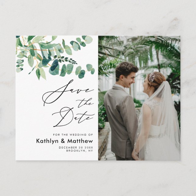 Carte Postale Faire-part Eucalyptus Verdure Script Mariage Enregistrer La D (Devant)