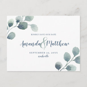 Carte Postale Faire-part Eucalyptus Vert Enregistrer la date Aquarelle bleu