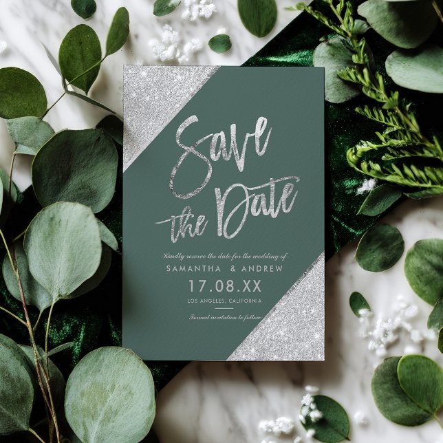 Carte Postale Faire-part Événement à retenir écriture pailletée argent vert (Silver glitter script emerald green save the date announcement postcard)