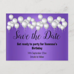 Carte Postale Faire-part Événement à Sauvegarder Ballons Violets Étincelant