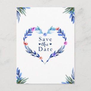 Carte Postale Faire-part Faire part de cœur bleu vif floral aquarelle à con