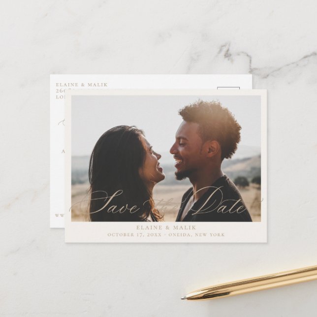 Carte Postale Faire-part Faire part de date de mariage en calligraphie beig (Devant/Arrière en situation)