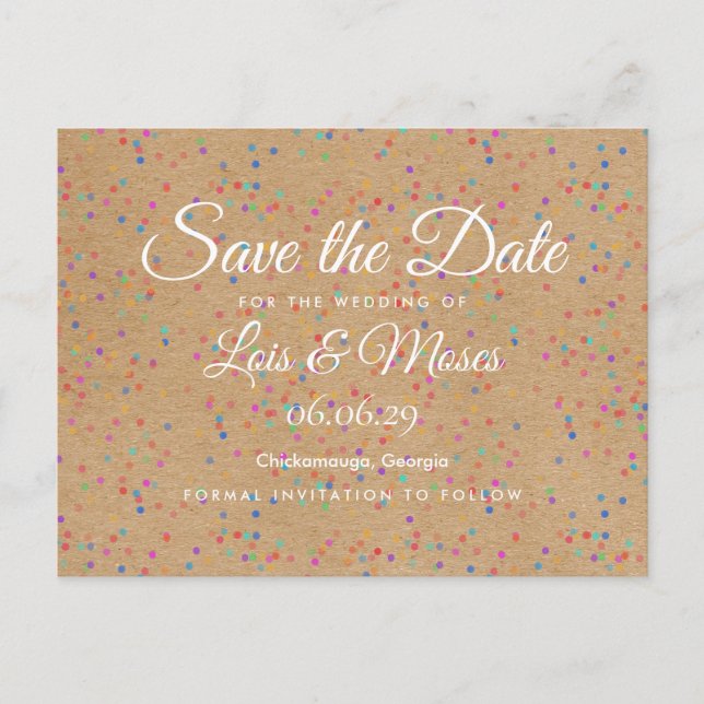 Carte Postale Faire-part Faire part de date de Rustic Kraft Rainbow Confett (Devant)