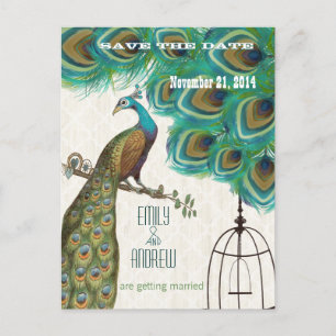 Carte Postale Faire-part Faire part de mariage à l'oiseau paon floral en dé