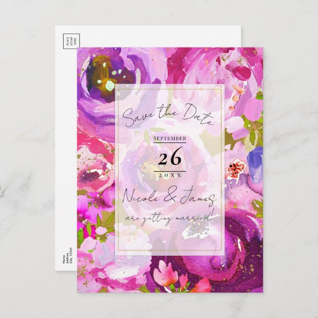 Carte Postale Faire-part Faire part de mariage floral vibrant rose et viole (Devant / Derrière)