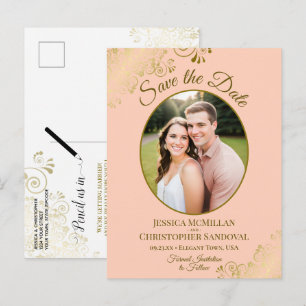 Carte Postale Faire-part Faire part de mariage ovale Peach & Gold Posh avec