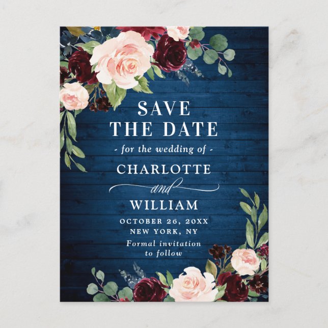 Carte Postale Faire-part Faire part de mariage rustique Burgundy Blue Blush (Devant)