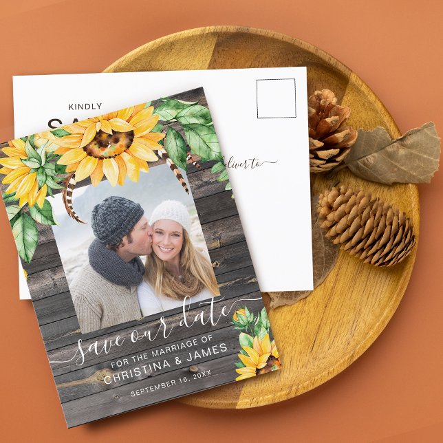 Carte Postale Faire-part Faire part de mariage Tournesol Rustique Écrire Da (Rustic Sunflower Photo Script Save The Date Announcement Postcard)