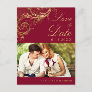 Carte Postale Faire-part Faire part de mariage vintage burgundy or damas ph
