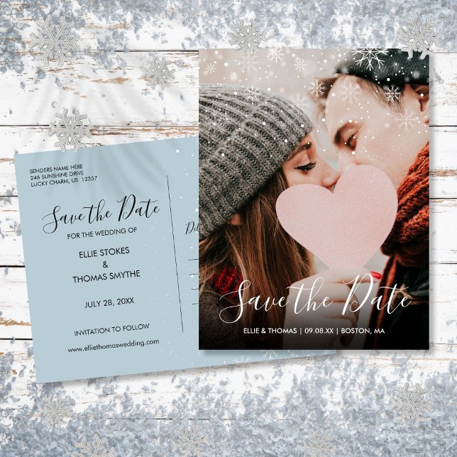 Carte Postale Faire-part Faire part de photo de script de flocons de neige (Winter Snowflakes Script Photo Save the Date Announcement Postcard)