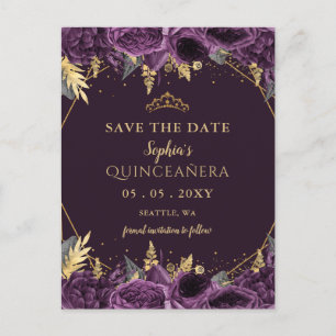 Carte Postale Faire-part Faire part de Quinceañera floral or et violet