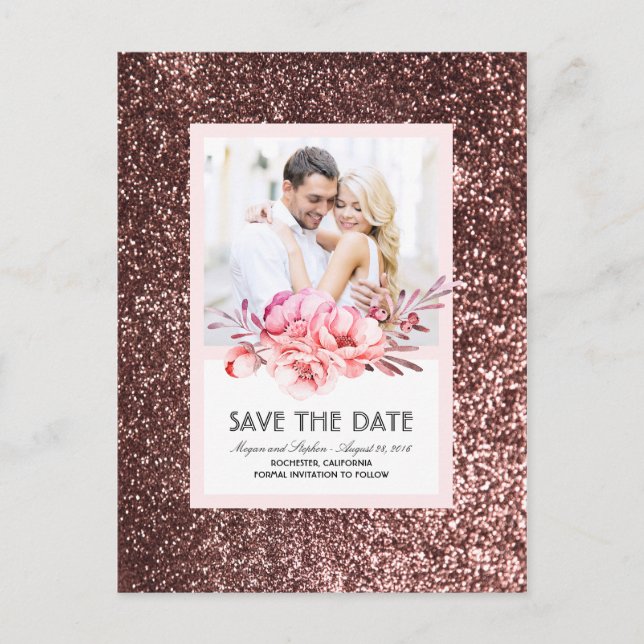 Carte Postale Faire-part Faire part de Rose Gold Glitter Floral Blush Photo (Devant)
