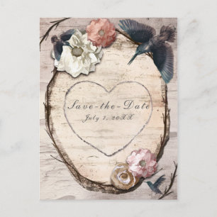 Carte Postale Faire-part Faire part Floral & Colibri en Bouleau Blanc Rusti