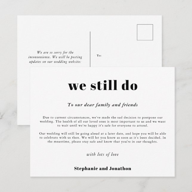 Carte Postale Faire-part Faire suivre le report de mariage Nous nous marion (Devant / Derrière)
