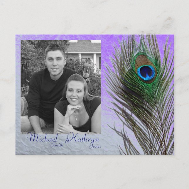 Carte Postale Faire-part Faites gagner la date - le paon (pourpre) (Devant)